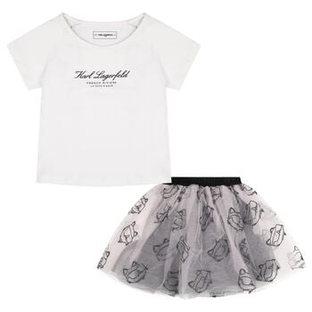 Girls White & Pink Tulle Choupette Skirt Set