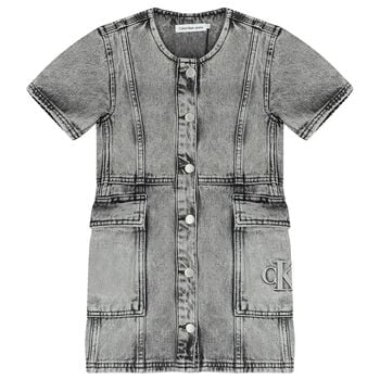 فستان بنات دنيم بالشعار باللون الرمادي