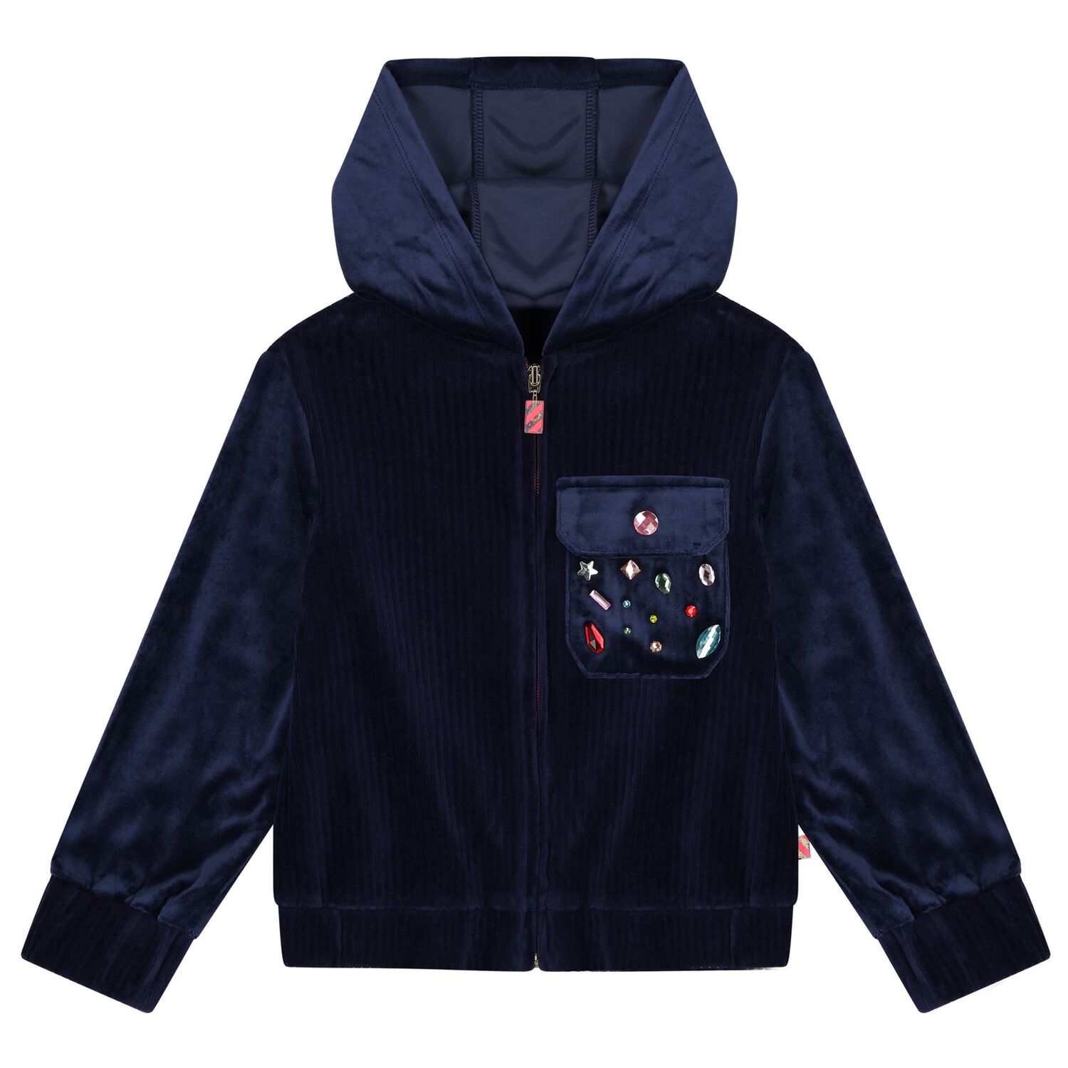 Girls Navy Blue Velvet Hooded Zip Up Top, 1, hi-res