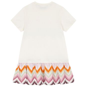 Girls Ivory & Pink Zig Zag Logo Dress