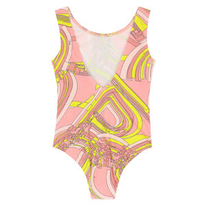 Girls Pink & Yellow Printed Swimsuit