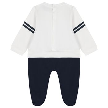 Baby Boys White & Navy Blue Logo Babygrow