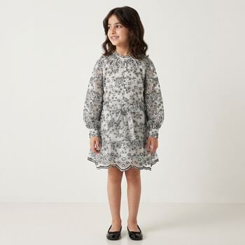 فستان بناتيباللون الابيض و الاسود مطرز بالزهور