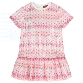 Girls White & Pink Zig Zag Embellished Sequin Dress