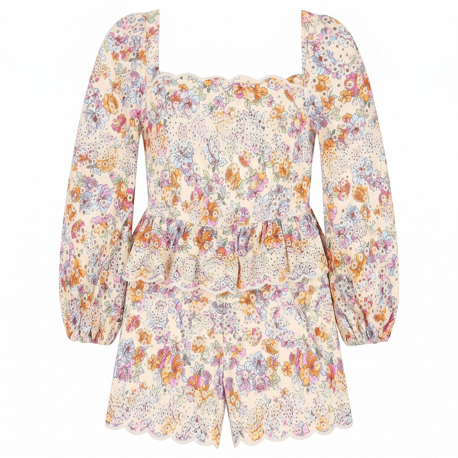 Girls Ivory Floral Embroidered Playsuit, 1, hi-res