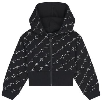 Girls Black Logo Hooded Zip Up Top