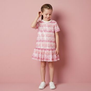 فستان بنات مزين بالترتر بشكل زجزاج باللون الابيض والوردى 