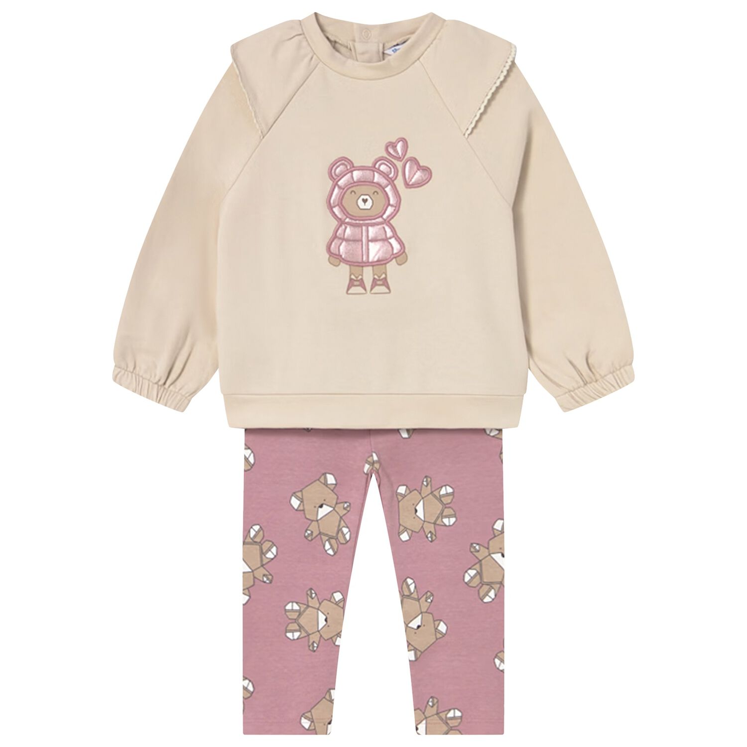 Younger Girls Beige & Pink Teddy Bear Leggings Set, 1, hi-res
