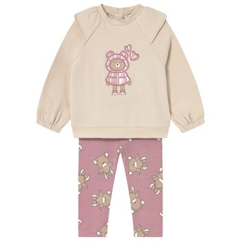 Younger Girls Beige & Pink Teddy Bear Leggings Set