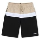 Boys Beige & Black Logo Swim Shorts, 1, hi-res