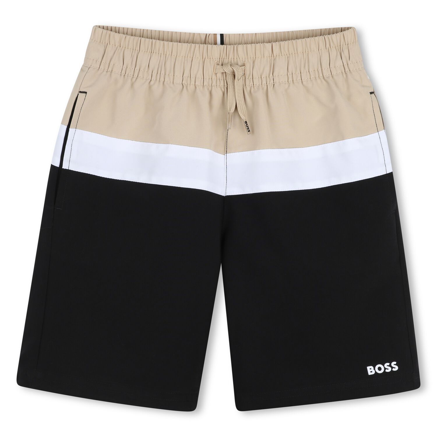 Boys Beige & Black Logo Swim Shorts, 1, hi-res