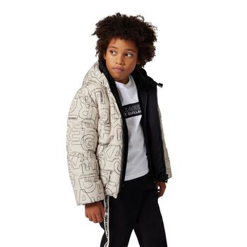 Boys Beige & Black Logo Reversible Puffer Jacket