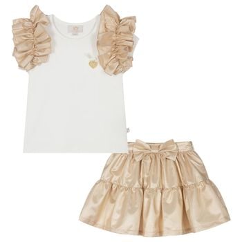 Girls White & Gold Ruffle Skirt Set