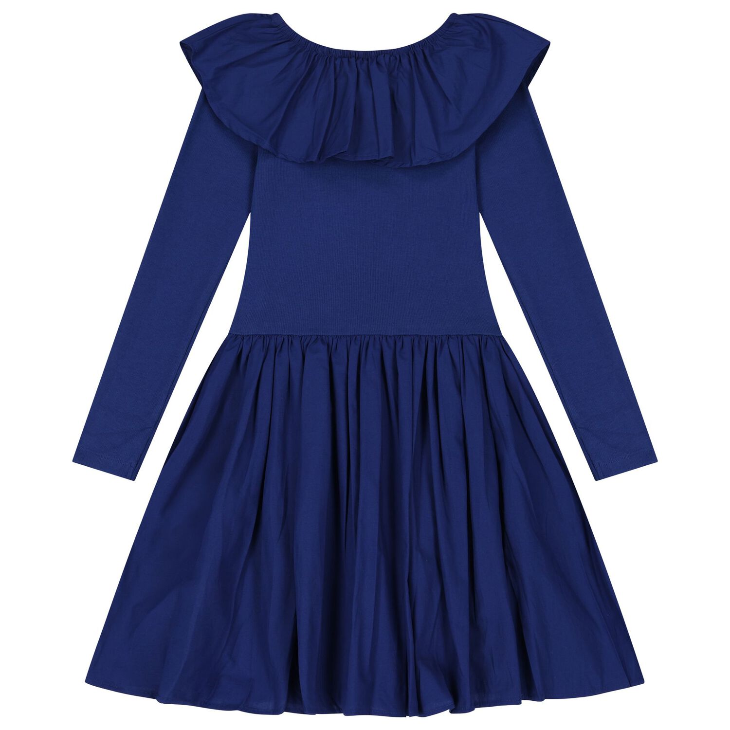 Girls Blue Ruffled Long Sleeve Dress, 3, hi-res