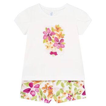 Younger Girls White Floral Shorts Set