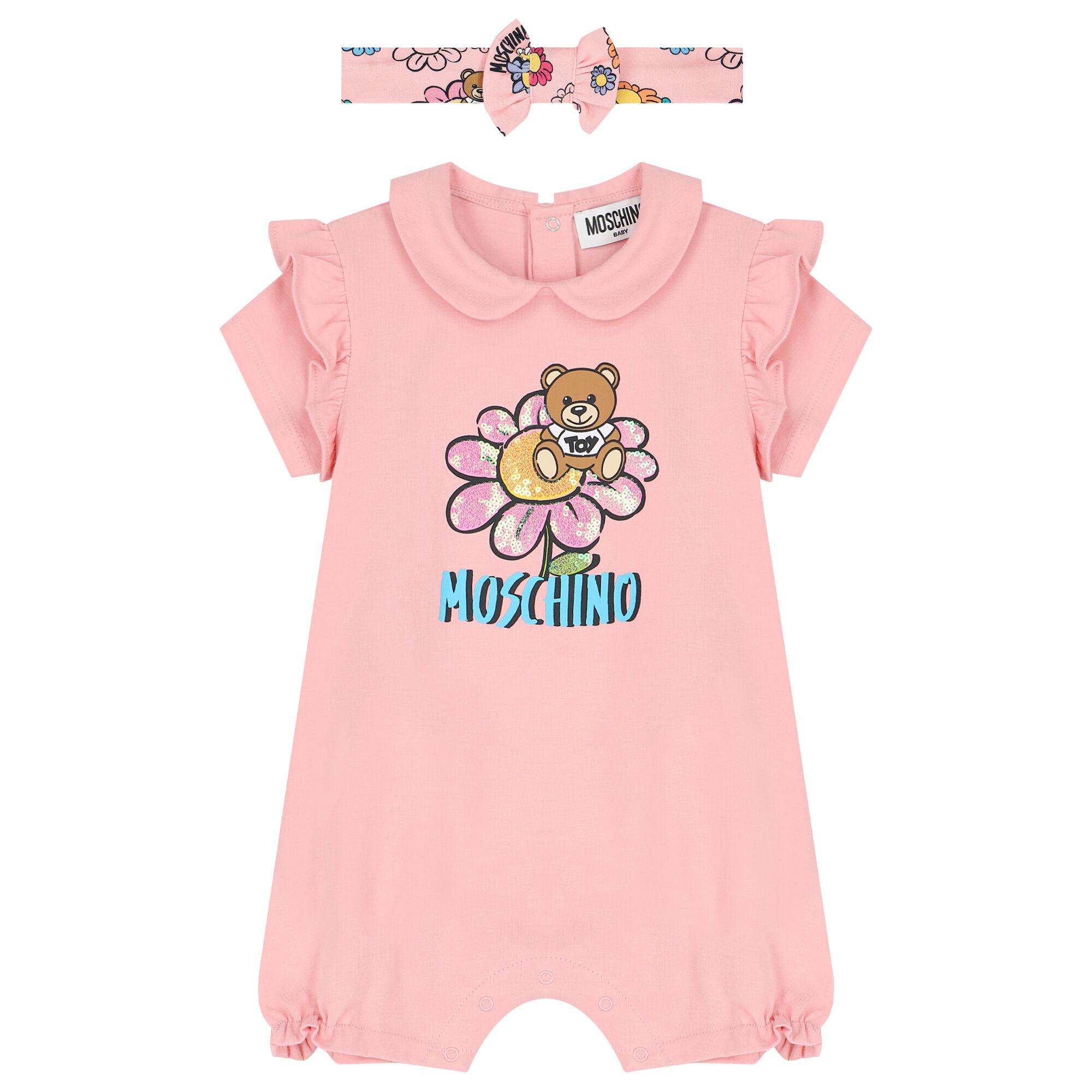 Moschino Pink Teddy Bear Logo Baby Romper Set Junior Couture