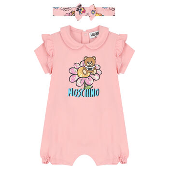 Pink Teddy Bear Logo Baby Romper Set
