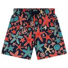 Boys Navy Blue Star Fish Swim Shorts, 1, hi-res