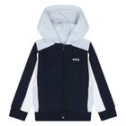 Younger Boys Navy Blue, White & Blue Hooded Zip Up Top, 3, hi-res