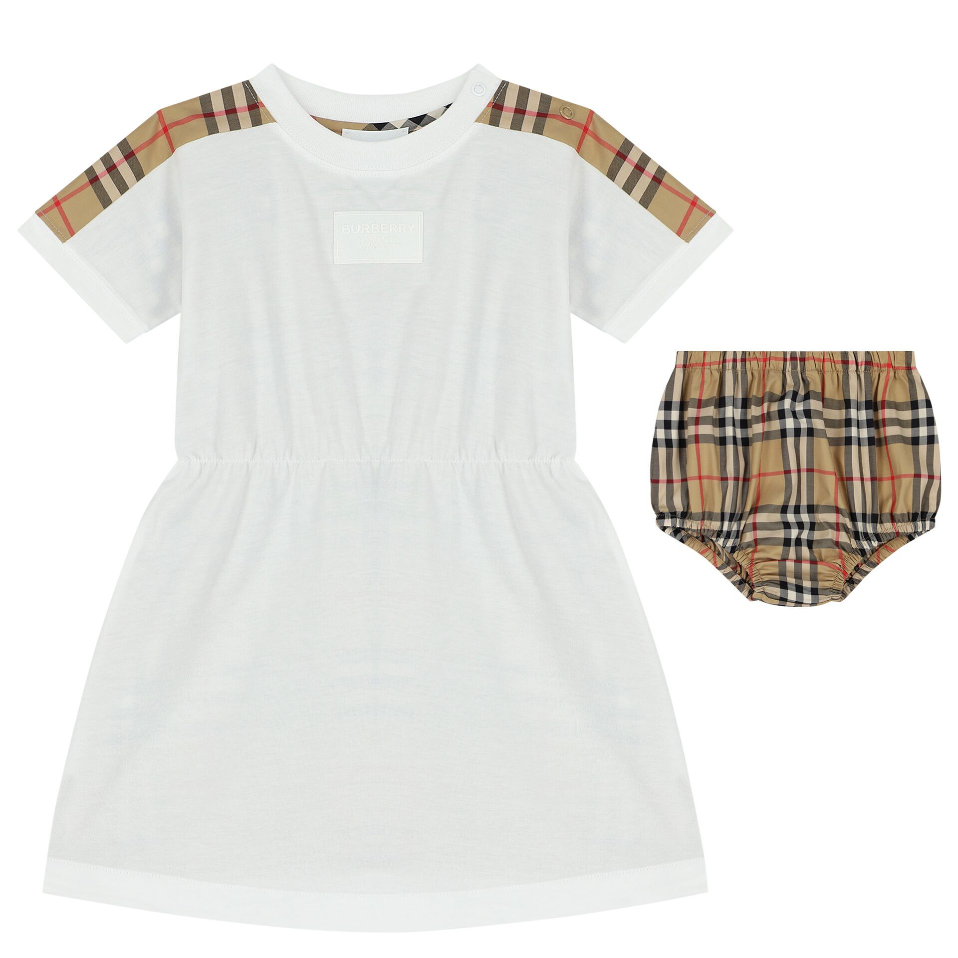 Burberry Baby Girls White & Beige Check Dress Set | Junior Couture USA