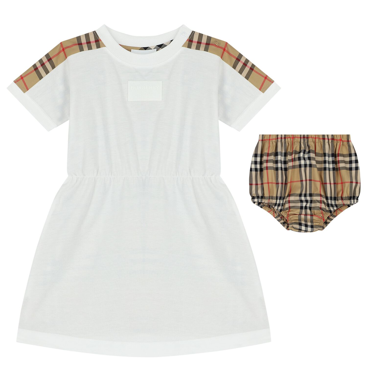 طقم فستان بنات كاروهات باللون الأبيض والبيج, 1, hi-res