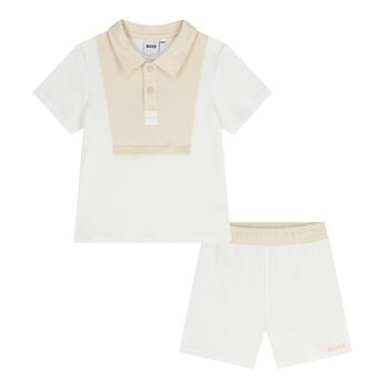 Baby Boys White & Beige Knitted Shorts Set