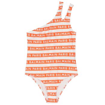 Girls White & Orange Logo Striped Swimsuit