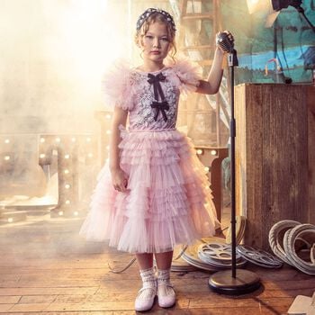 Girls Pink & Black Bow Tulle Dress