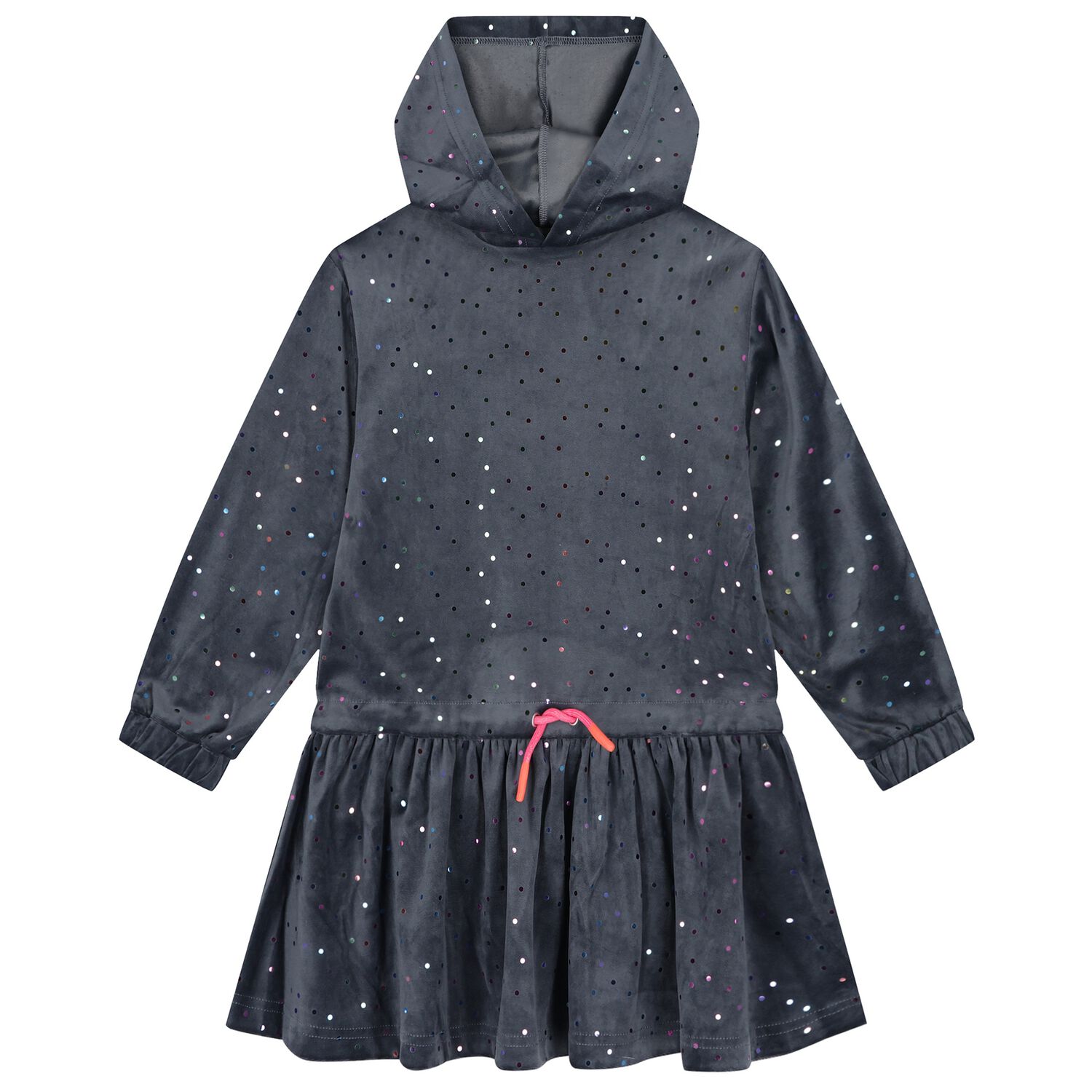 Girls Grey Dot Hooded Dress, 1, hi-res
