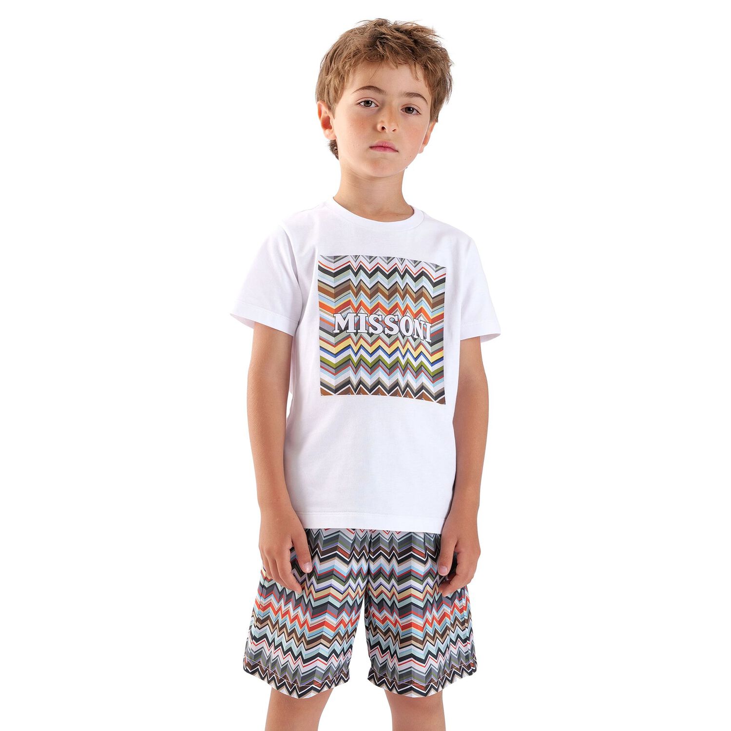 Boys Multi-Coloured Zig Zag Swim Shorts, 1, hi-res