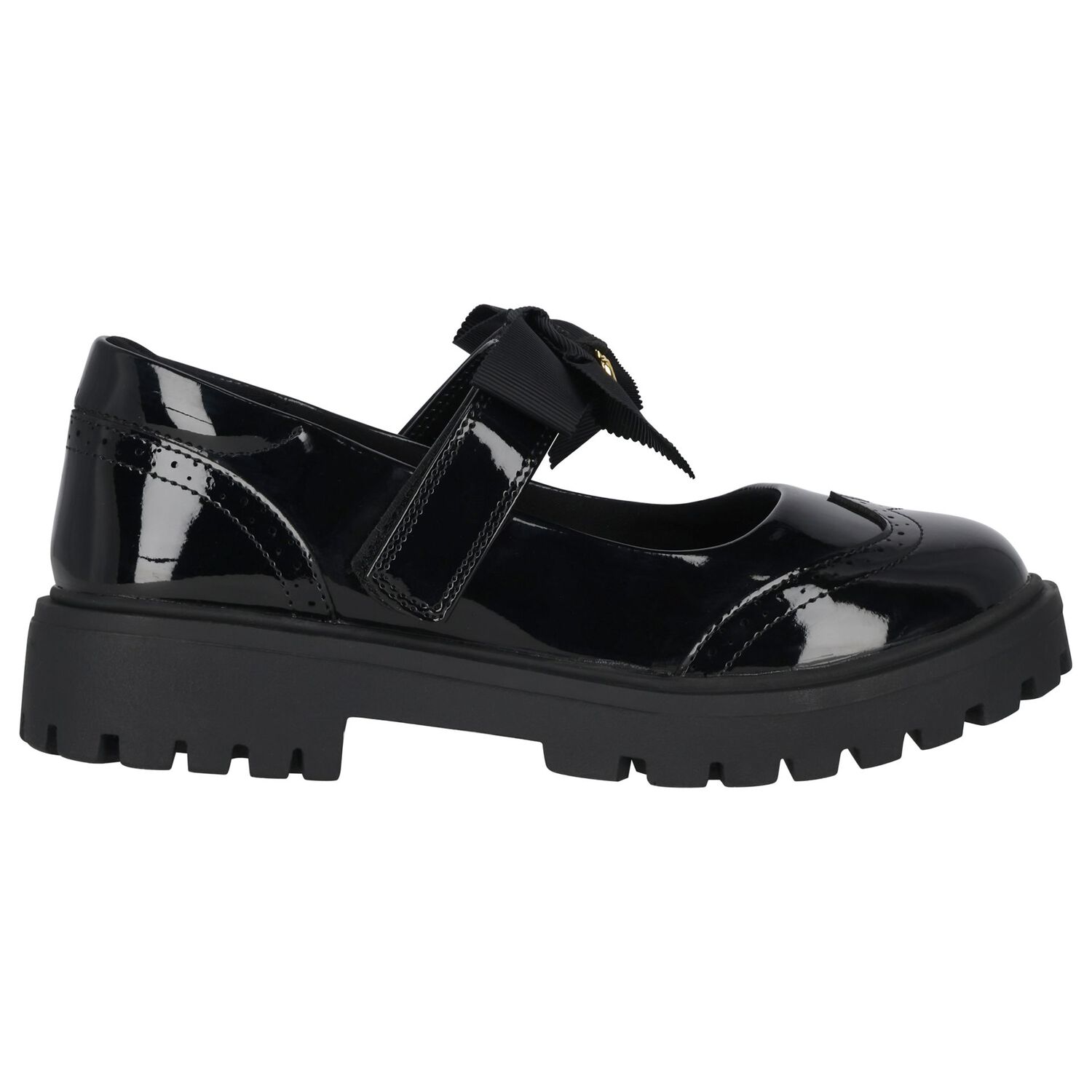 حذاء بناتي من الجلد اللامع باللون الأسود بشعار, 1, hi-res