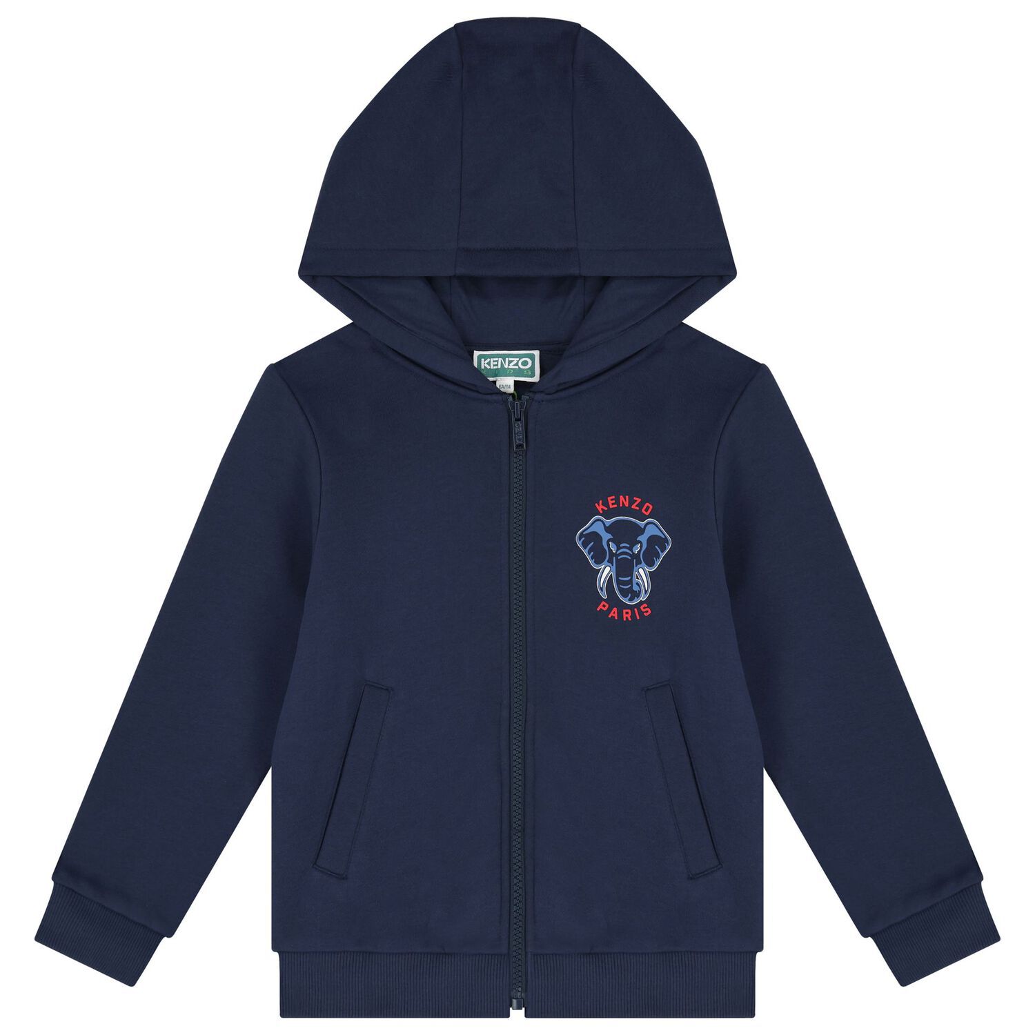 KENZO KIDS Boys Navy Blue Elephant Logo Hooded Zip Up Top | Junior