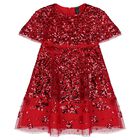 Girls Red Embellished Sequin Cape Dress, 1, hi-res