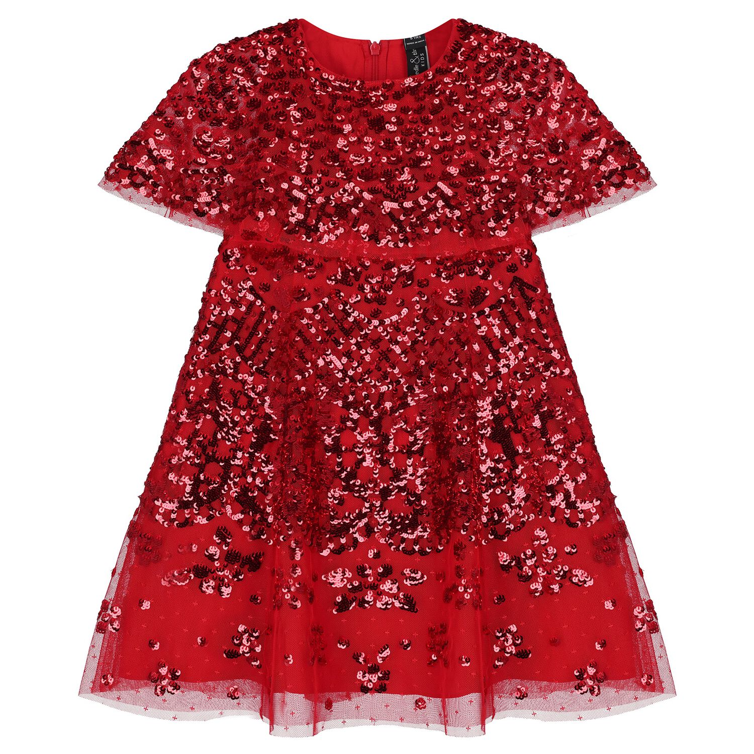 Girls Red Embellished Sequin Cape Dress, 1, hi-res