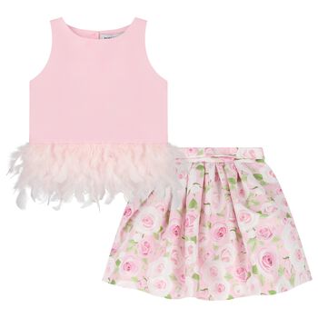 Girls Pink Feather & Rose Skirt Set