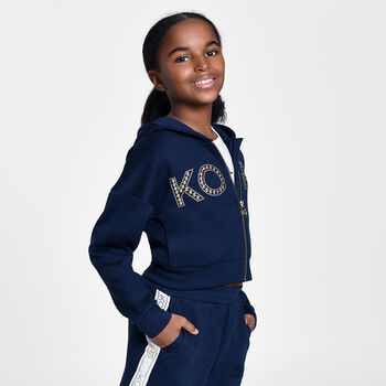 Girls Navy Blue Logo Hooded Zip Up Top