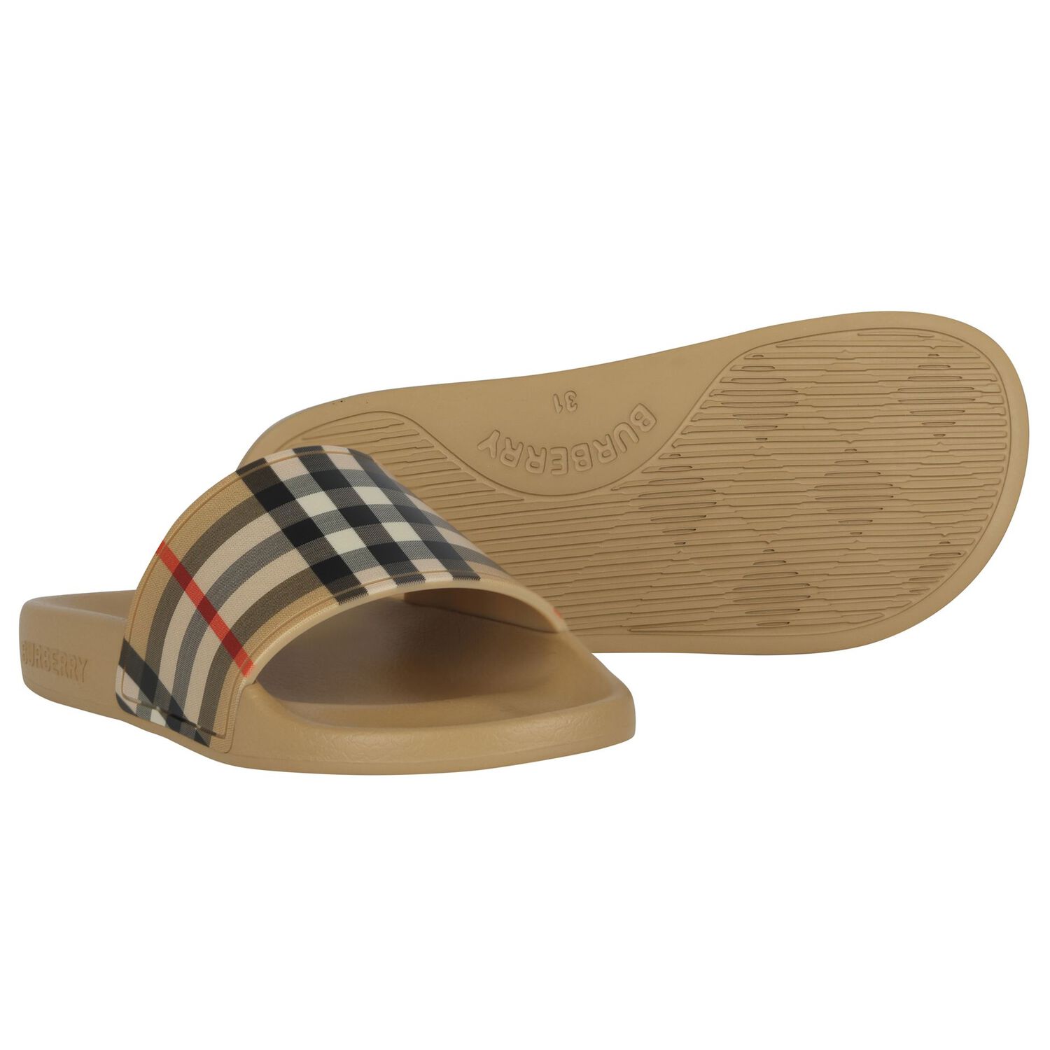 Beige Burberry Check Sliders, 1, hi-res