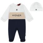 Baby Boys White, Beige & Navy Blue Logo Babygrow Set, 1, hi-res