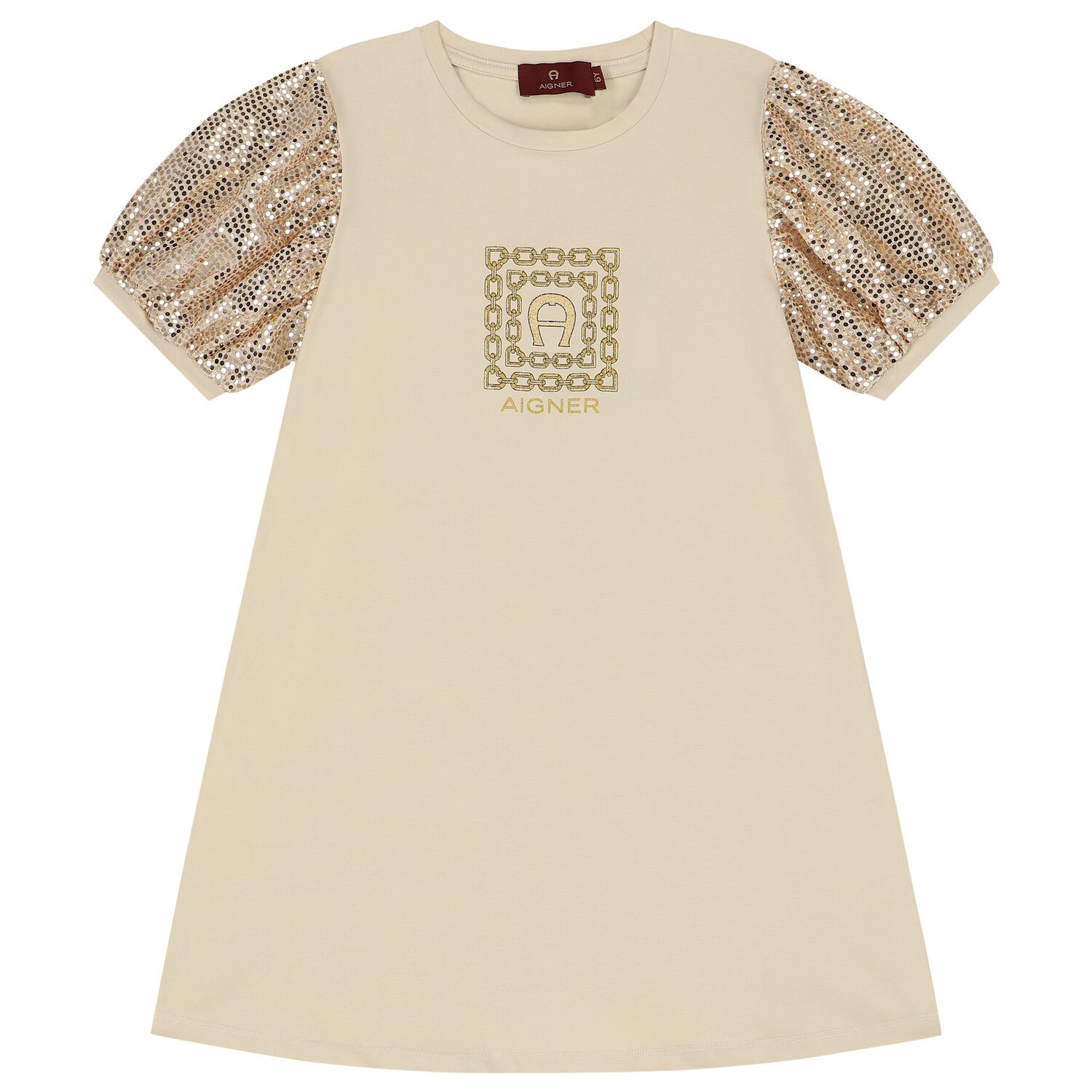 فستان بنات بالشعار باللون البيج والذهبى, 2, hi-res