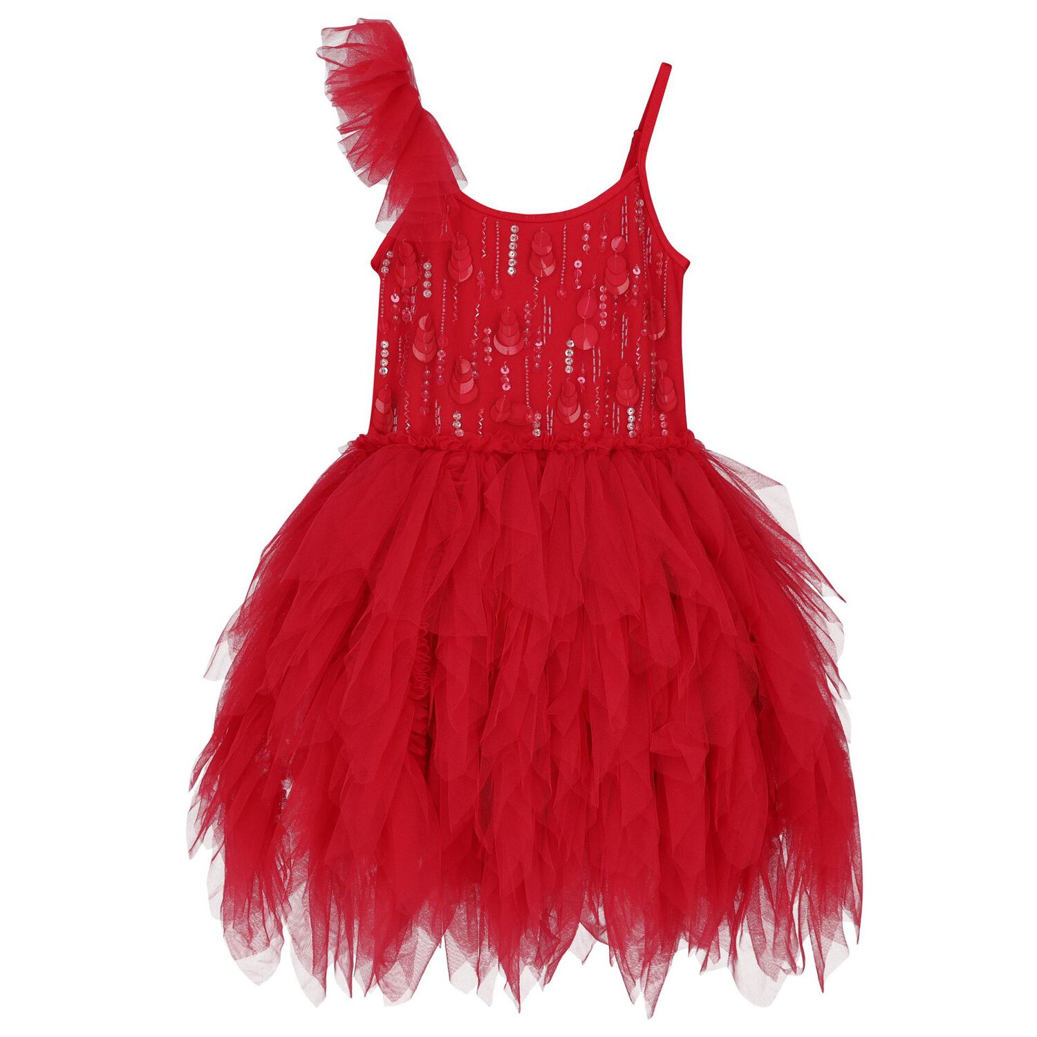 Younger Girls Red Ruffled Tulle Dress Set, 1, hi-res
