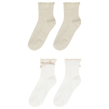 Girls White & Beige Bow & Pearl Socks ( 2-Pack ) 
