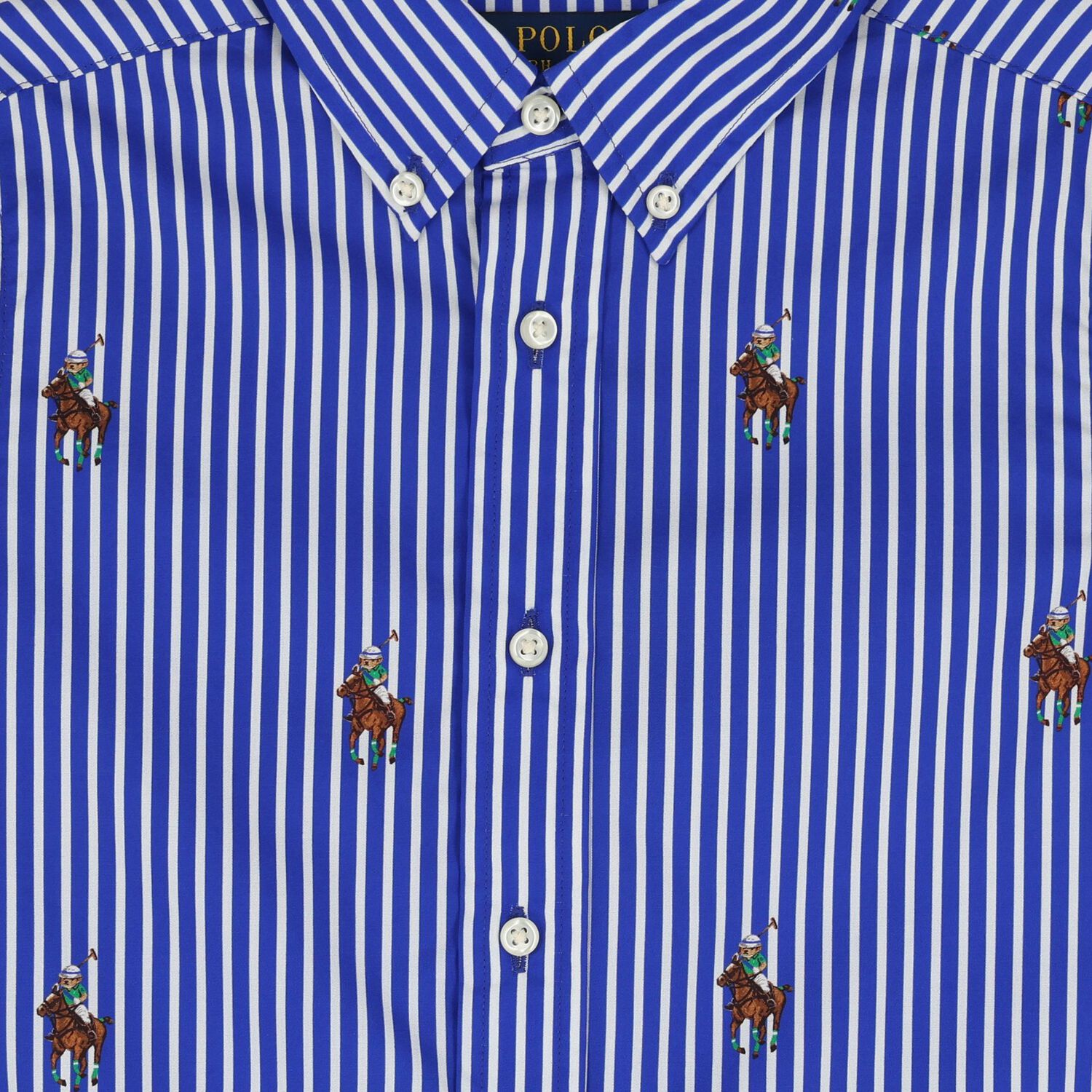 قميص للأولاد أزرق وأبيض مخطط بشعار, 1, hi-res