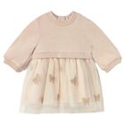 Baby Girls Beige Bow Tulle Dress, 2, hi-res