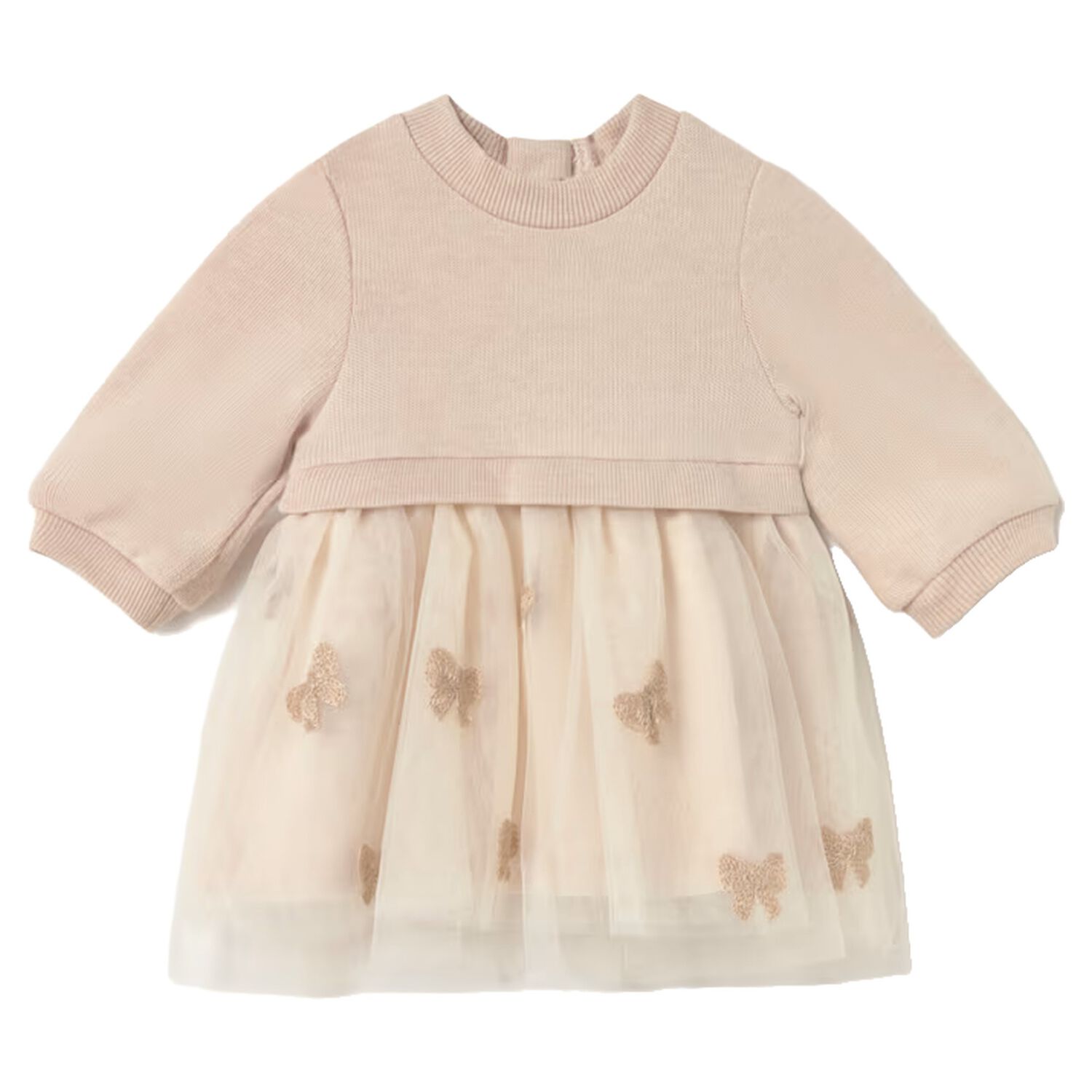 Baby Girls Beige Bow Tulle Dress, 2, hi-res