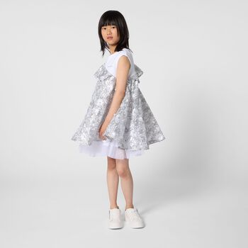 Girls White & Silver Logo Sequinned Organza Dress 