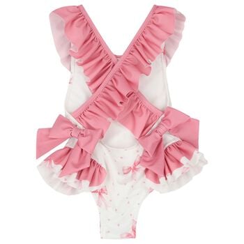Girls White & Pink Bow Swimsuit