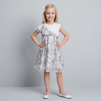 Girls White & Silver Logo Sequinned Organza Dress 