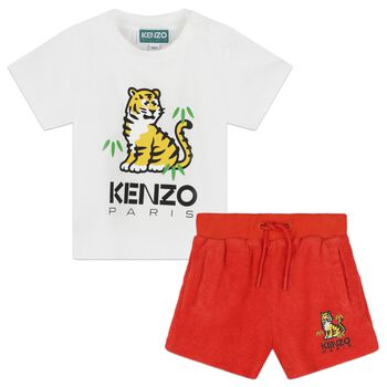Younger Boys White & Red Shorts Set