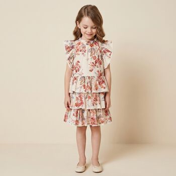 Girls Ivory & Pink Floral Tiered Dress