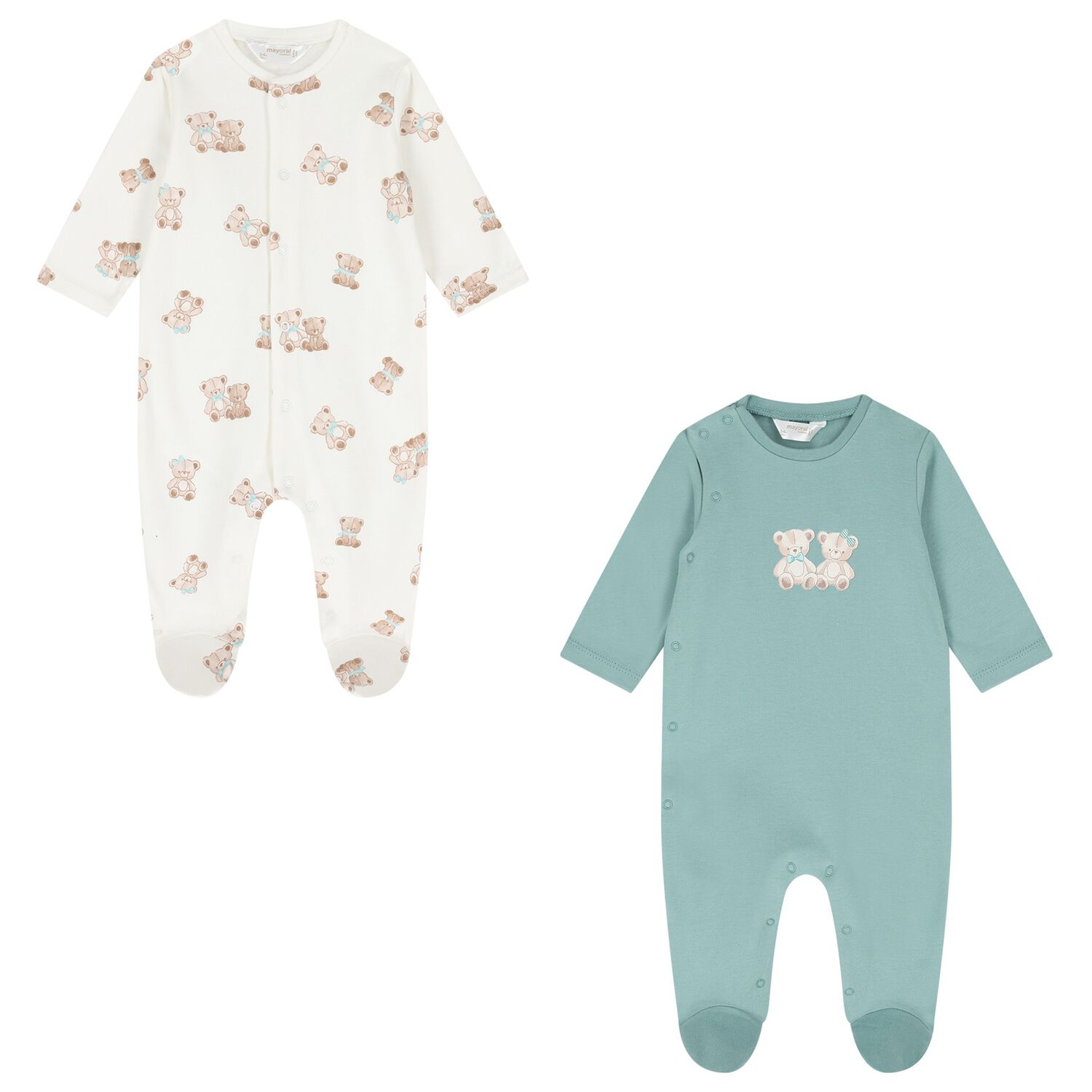 Baby Boys White & Green Teddy Bear Babygrows ( 2-Pack ), 2, hi-res